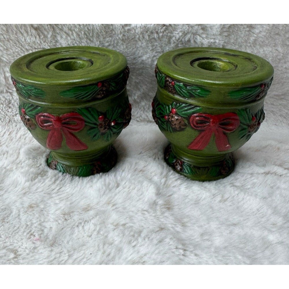 Vintage 2 Napcoware Ceramic Christmas Green Pine Cone Holly Candlestick Holders